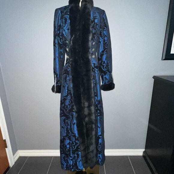 GOTH SHRINE BLACK FOREST MAXI COAT - BLUE/BLACK TAPESTRY - SOLD OUT - NWOT - L - Picture 4 of 15